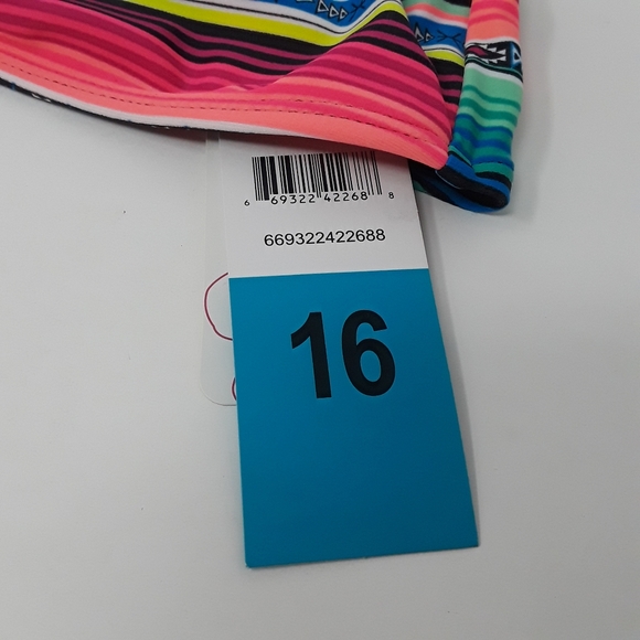 Gossip Girl Two Piece Bikini Swim Suit Blue Pink Aztex Stripe Size 16 Swimwear - Picture 11 of 14